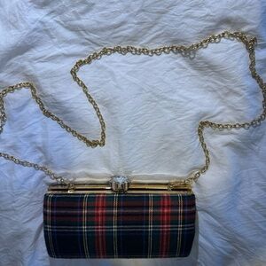Plaid Structured Hardcase Clutch Hidden Gold Finish Chain Strap & Gem Closure